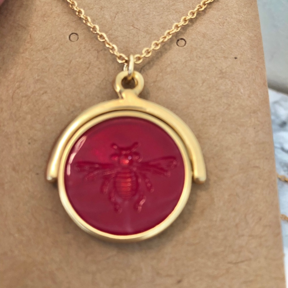 Red Bumble Bee Resin Pendant Necklace Reversible